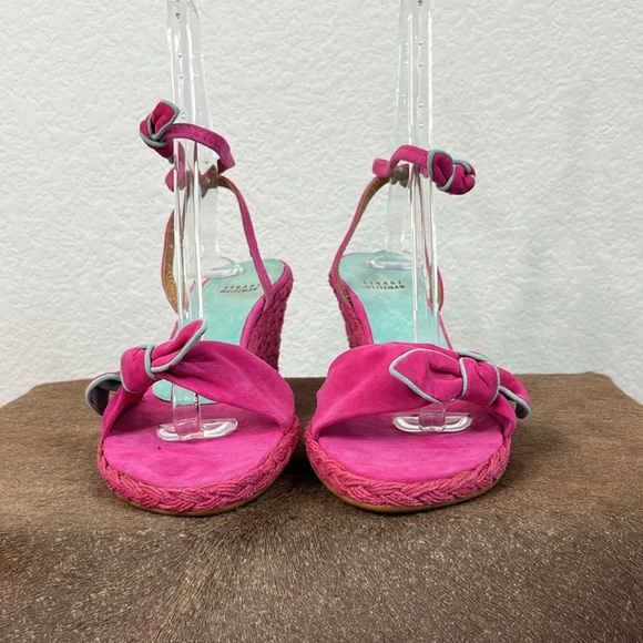 Stuart Weitzman Pink Espadrilles Suede Bow Wedge Heels - Picture 3 of 11